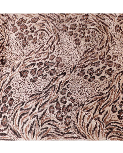 Light salmon pink Rayon velvet fabric with cocoa brown, fawn brown print having metallic silver studs in abstract design