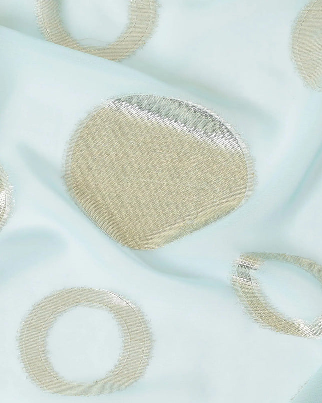 Sky blue synthetic chiffon fabric with gold metallic lurex in Abstract design-D8422 Regal Fabrics