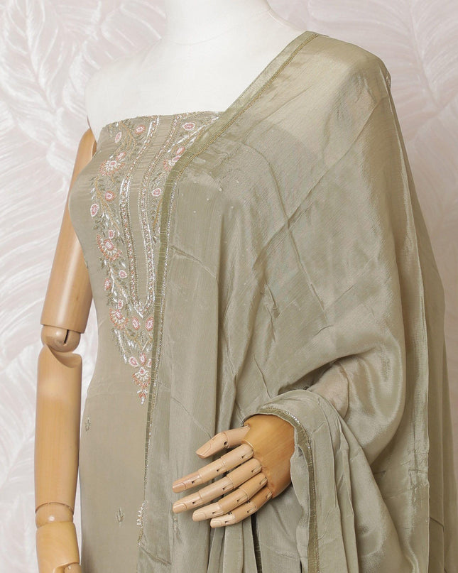 Artichoke green Premium pure silk crepe kameez with same tone embroidery, stone work and bead work in floral design. Artichoke green Plain salwar with same tone chiffon dupatta having same tone embroidery and stone work-D15570