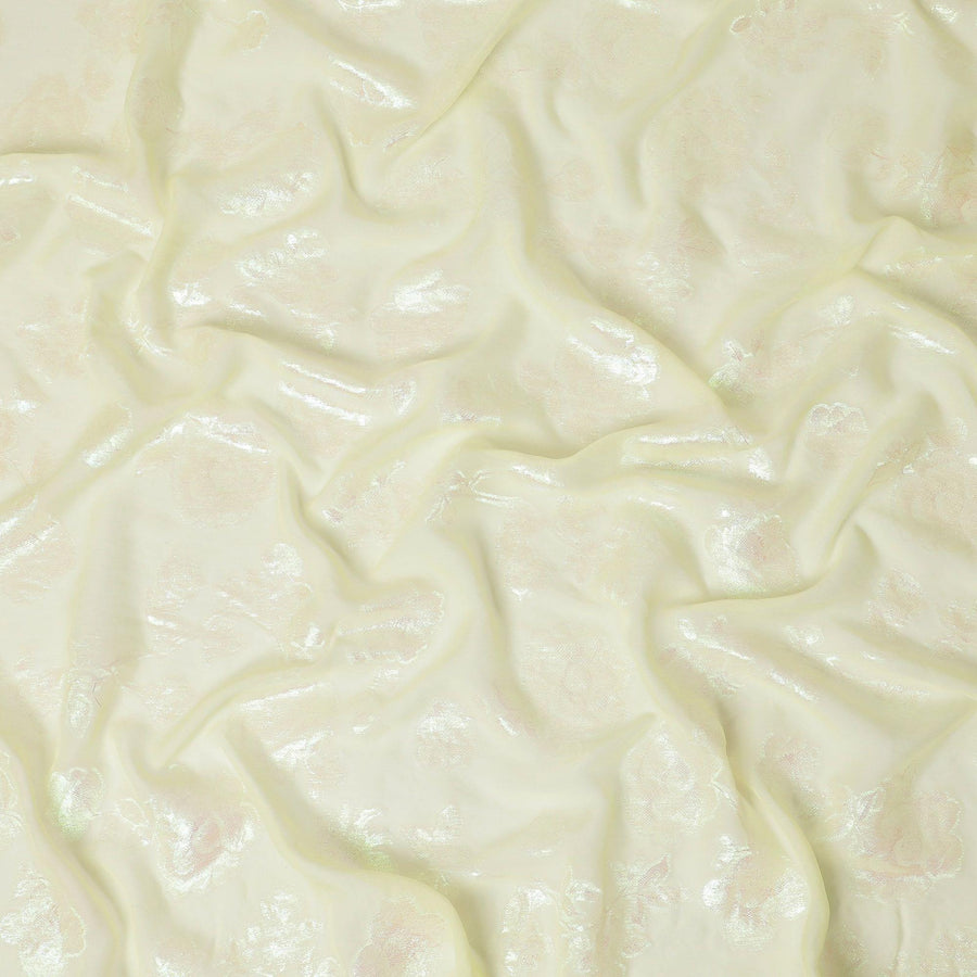 Sun flower yellow premium pure silk chiffon fabric with neon green metallic lurex in floral design-D12417