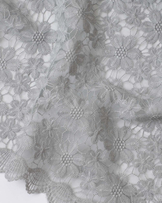Ash grey synthetic organza fabric with same tone embroidery in floral design-D11683