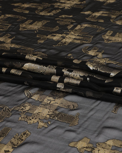 Black pure silk chiffon fabric with gold metallic lurex in fancy design-D7465
