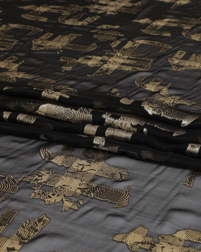 Black pure silk chiffon fabric with gold metallic lurex in fancy design-D7465