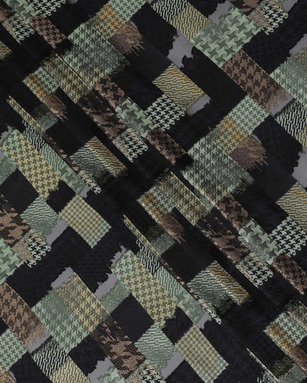 Black premium pure French (Fransawi) silk chiffon fabric with same tone and sage green viscose having copper metallic lurex in checks design-D14225