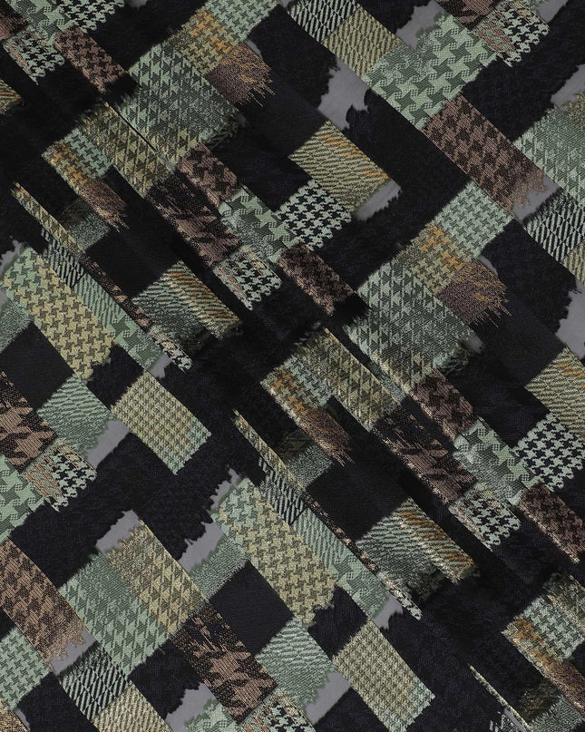Black premium pure French (Fransawi) silk chiffon fabric with same tone and sage green viscose having copper metallic lurex in checks design-D14225