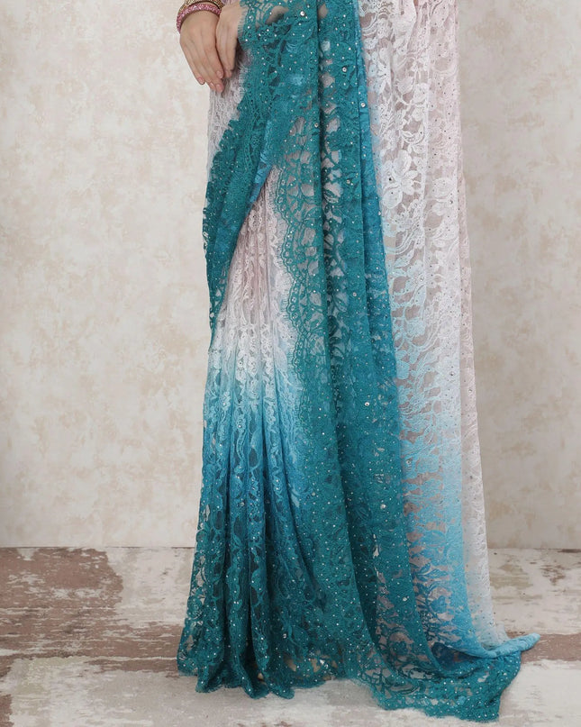 Multicolor Premium pure French chantilly lace saree having stone work in floral design-D14523 Regal Fabrics