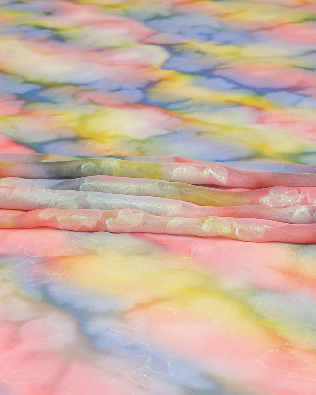 قماش شيفون من الحرير الخالص متعدد الألوان مع لوريكس معدني أخضر نيون بتصميم زهور - D9678