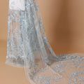 Powder blue Premium wedding nylon tulle fabric with same tone, off white embroidery, applique work and beadwork in floral design-D7915