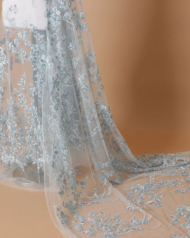 Powder blue Premium wedding nylon tulle fabric with same tone, off white embroidery, applique work and beadwork in floral design-D7915 Regal Fabrics