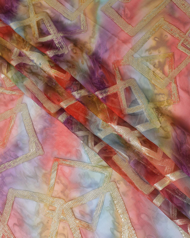 شيفون من الحرير الخالص متعدد الألوان مع لوريكس معدني ذهبي بتصميم تجريدي -D11374