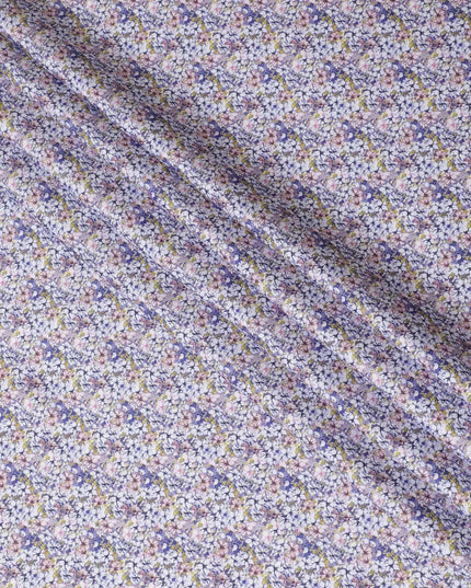 White cotton satin fabric with blue, baby pink and mustard yellow print in floral design-D11918 Regal Fabrics