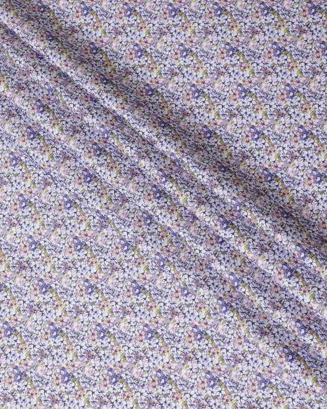 White cotton satin fabric with blue, baby pink and mustard yellow print in floral design-D11918 Regal Fabrics