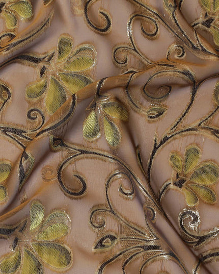 Olive Premium pure changent silk chiffon fabric with copper brown, sage green viscose and gold metallic lurex in floral design-D14642