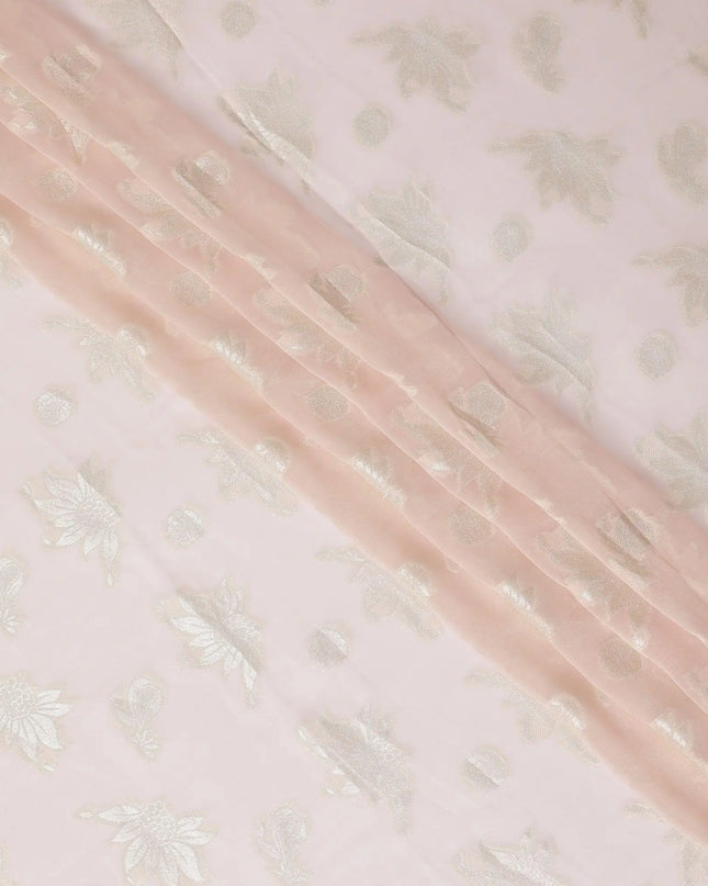 Salmon pink synthetic chiffon fabric with same tone metallic lurex having gold viscose in floral design-D11884 Regal Fabrics