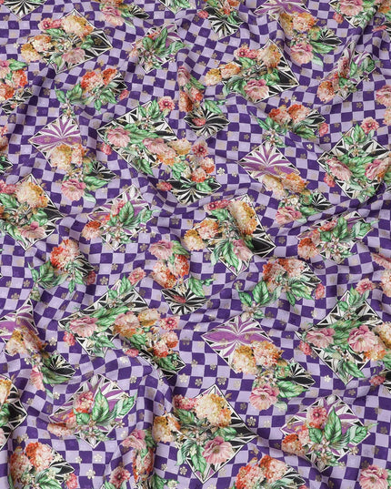 Light lavender, purple Premium pure Italian silk satin fabric with multicolor print having gold metallic lurex in floral design-D10592