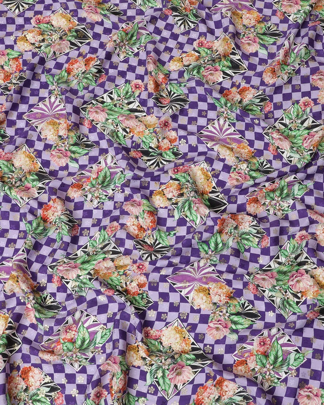 Light lavender, purple Premium pure Italian silk satin fabric with multicolor print having gold metallic lurex in floral design-D10592