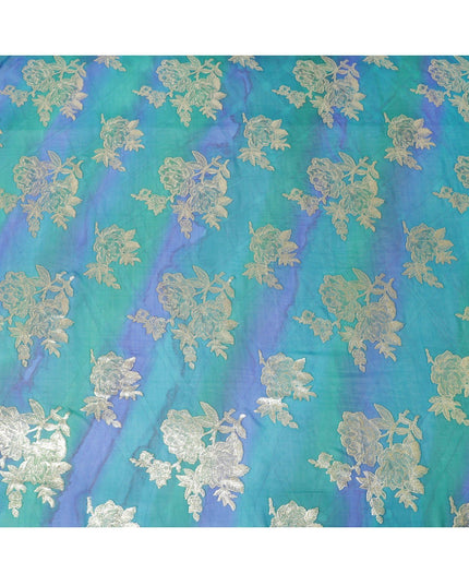 قماش شيفون من الحرير الخالص باللون الأزرق المحيطي مع طباعة يدوية متعددة الألوان مع لوريكس معدني ذهبي بتصميم فاخر-D10415