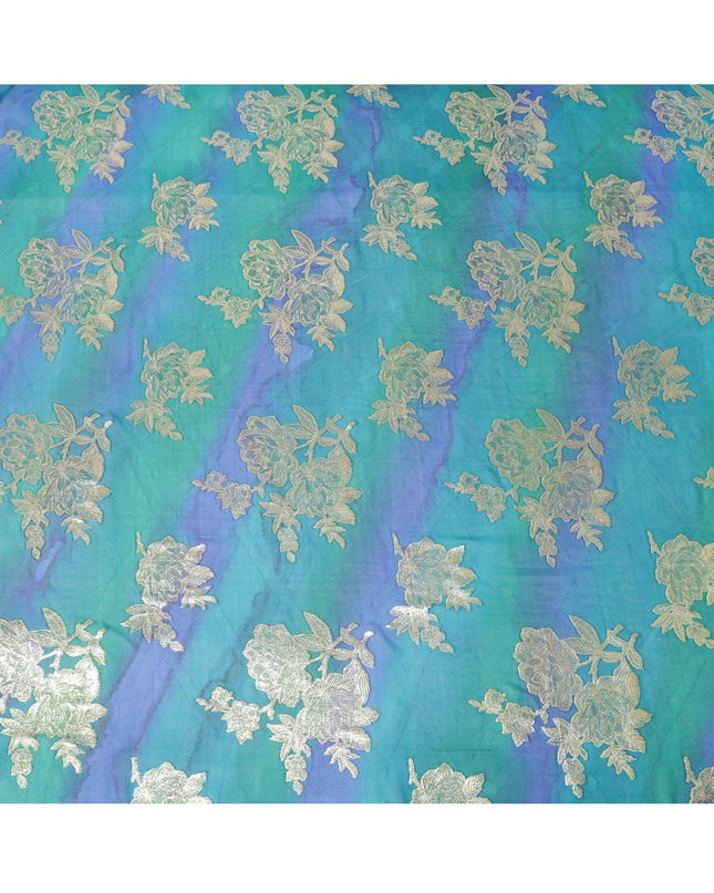 قماش شيفون من الحرير الخالص باللون الأزرق المحيطي مع طباعة يدوية متعددة الألوان مع لوريكس معدني ذهبي بتصميم فاخر-D10415
