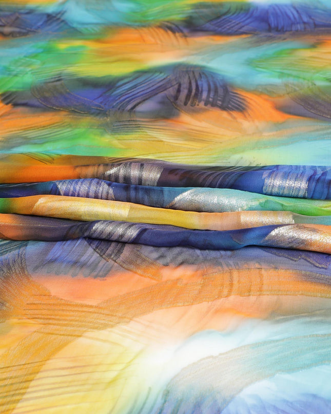 قماش شيفون من الحرير الخالص متعدد الألوان مع لوريكس معدني ذهبي بتصميم تجريدي-D9695