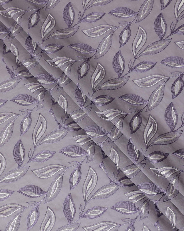 Light Lavender Premium pure cotton voile fabric with purple and beige embroidery in Leaf design-D15236