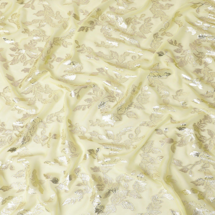 قماش شيفون من الحرير الخالص الفاخر مع زهرة الشمس الصفراء مع لوريكس معدني ذهبي بتصميم أوراق الشجر -D15451