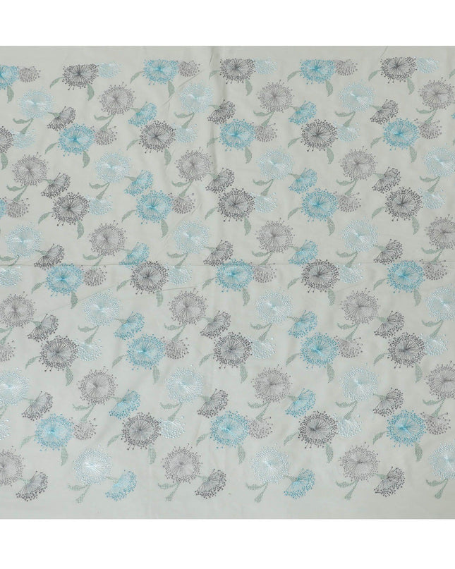 قماش فوال قطني أخضر لوريل بنفس اللون، أزرق فاتح وتطريز رمادي معدني بتصميم زهور-D14469