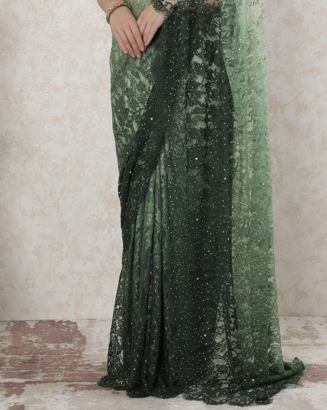 Forest green to mint green Premium pure French chantilly lace saree having stone work in ombre design-D14517 Regal Fabrics