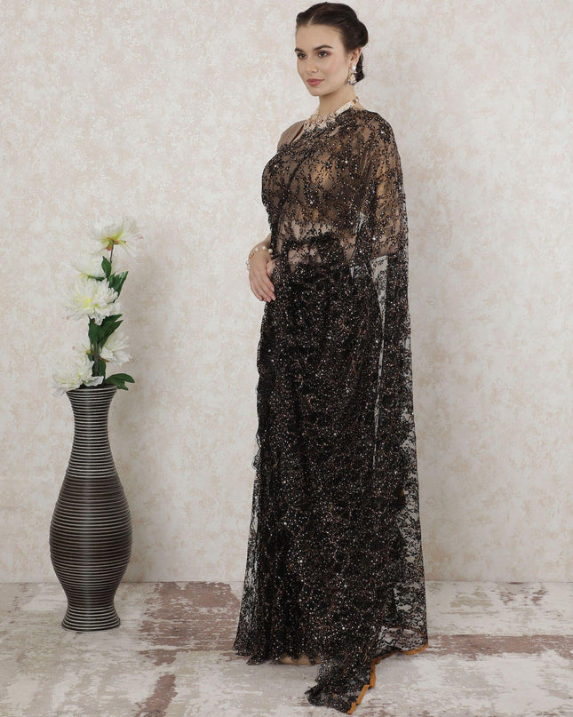 Black, Copper Premium pure French outline lurex chantilly lace saree having stone work in floral design-D14484