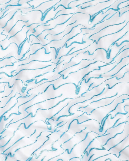 White Premium pure silk chiffon with blue metallic lurex in abstract design-D11364 Regal Fabrics