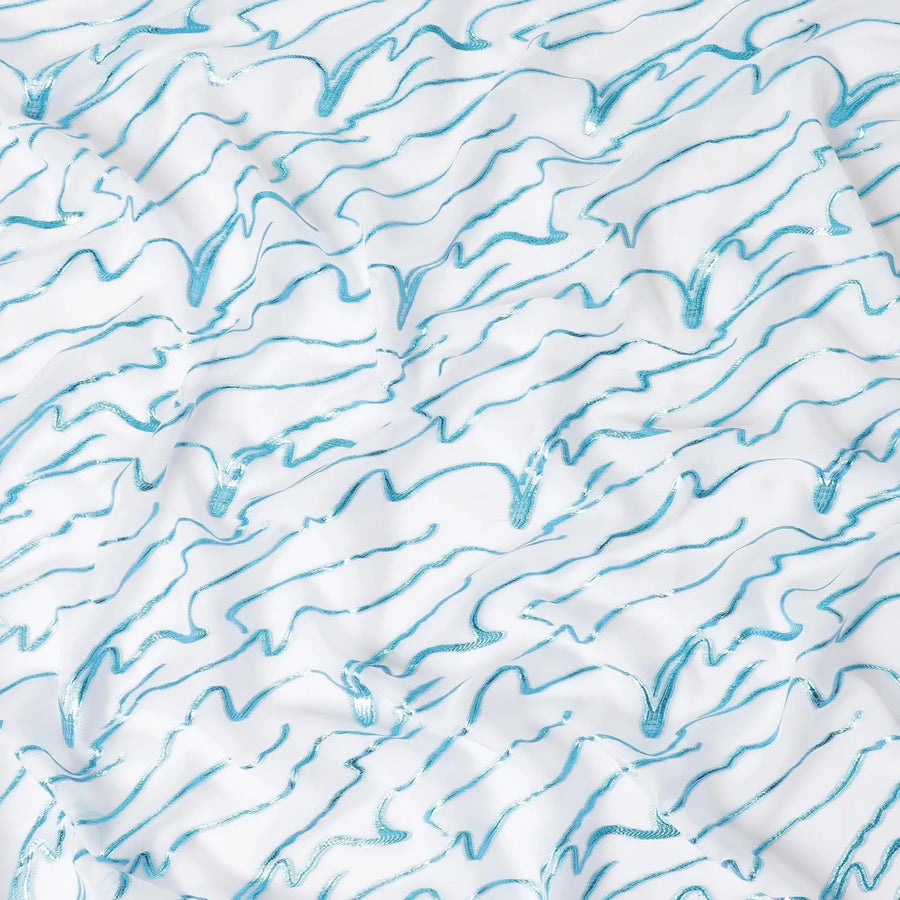 White Premium pure silk chiffon with blue metallic lurex in abstract design-D11364 Regal Fabrics