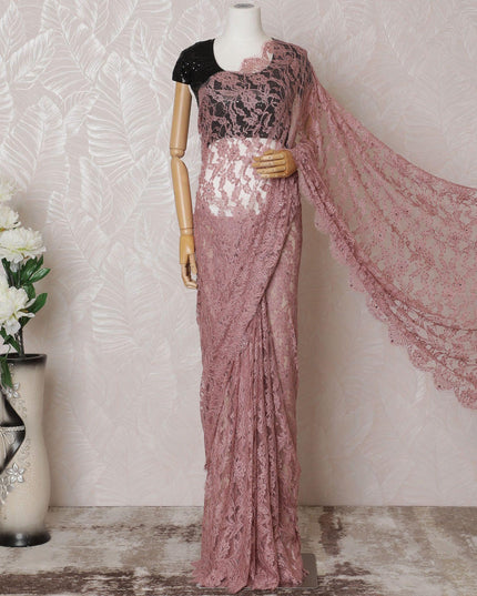 Salmon pink Premium pure French chantilly lace saree having stone work in floral deisgn-D14599 Regal Fabrics