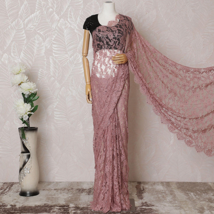 Salmon pink Premium pure French chantilly lace saree having stone work in floral deisgn-D14599 Regal Fabrics