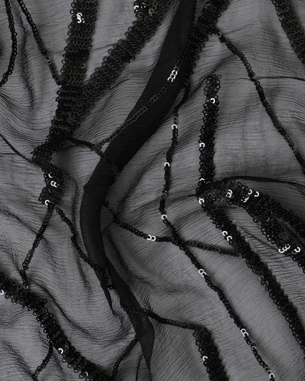Black premium pure silk chiffon fabric with black sequin embroidery in abstract design-D13202