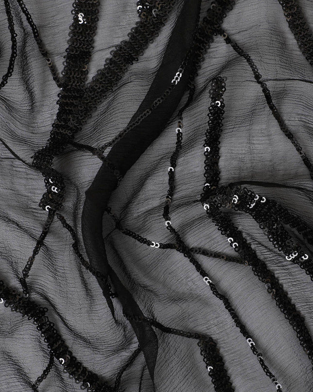 Black premium pure silk chiffon fabric with black sequin embroidery in abstract design-D13202