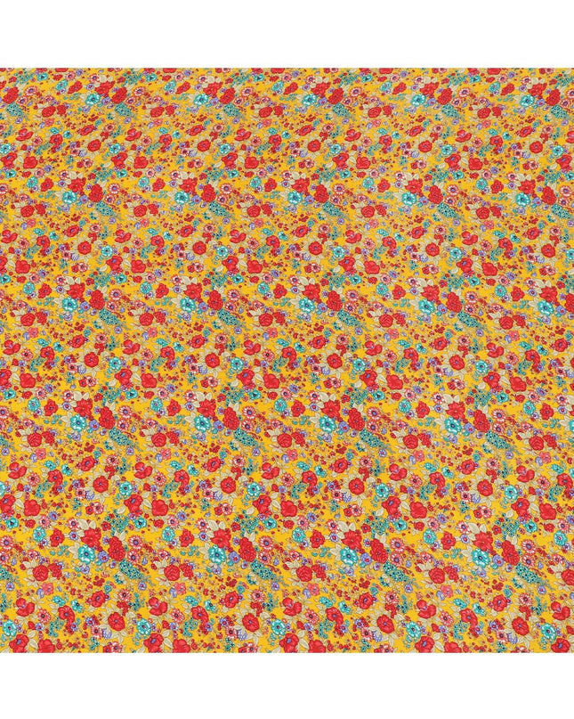 Mustard yellow silk crepe fabric with multicolor print in floral design-D8402 Regal Fabrics