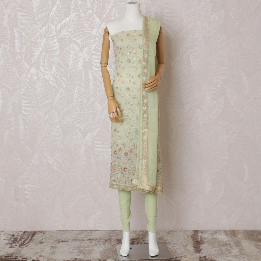 Mint green viscose georgette kameez with multicolor embroidery having sequin work in floral design. Mint green plain salwar having same tone chiffon dupatta-D14984