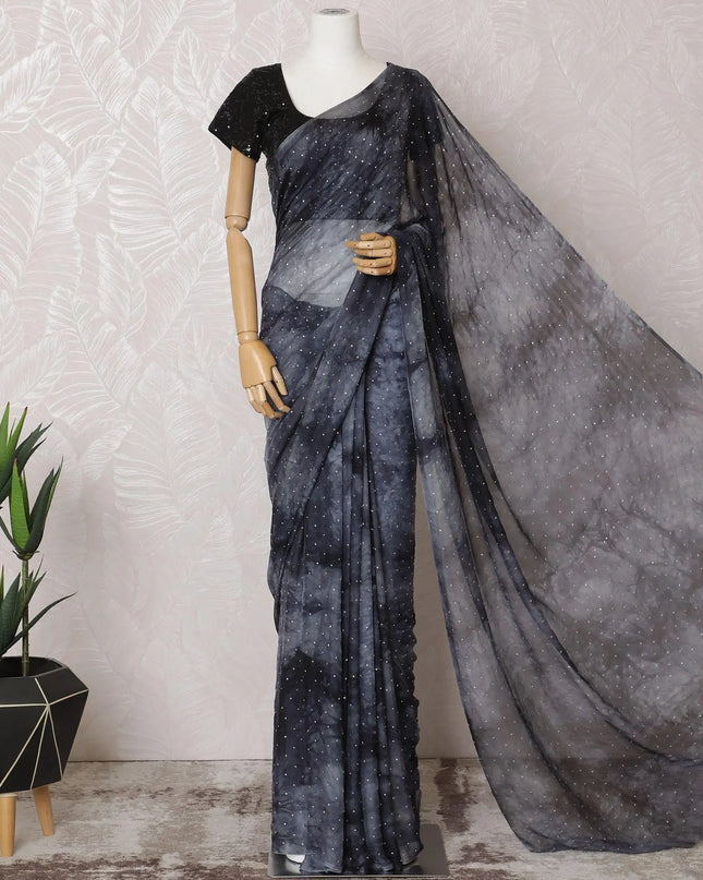 Slate grey, black Tie & die printed Premium pure French silk chiffon saree having stone work in Fancy design-D15506 Regal Fabrics