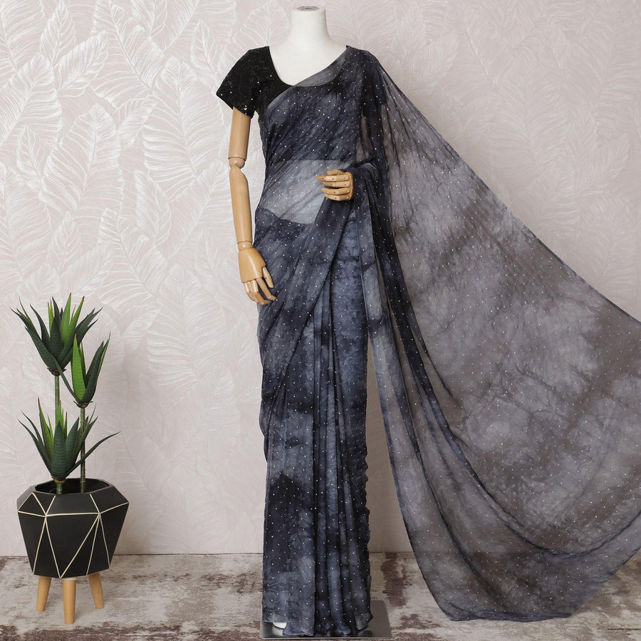 Slate grey, black Tie & die printed Premium pure French silk chiffon saree having stone work in Fancy design-D15506