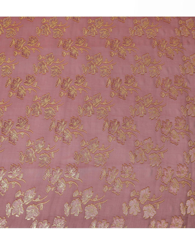 Maroon premium pure silk chiffon fabric with brick pink viscose and gold metallic lurex in floral design-D14133