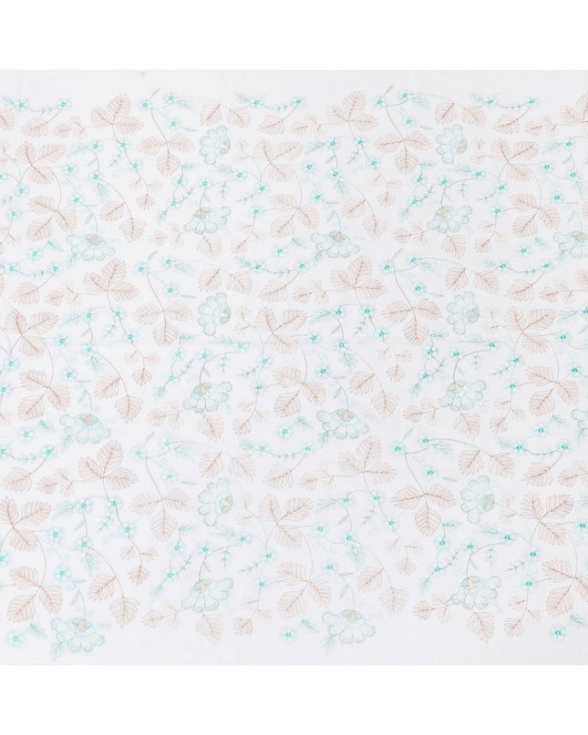 قماش فوال من القطن الخالص الأبيض الفاخر مع تطريز باللونين البني والأخضر الفيروزي بتصميم الأزهار-D15232