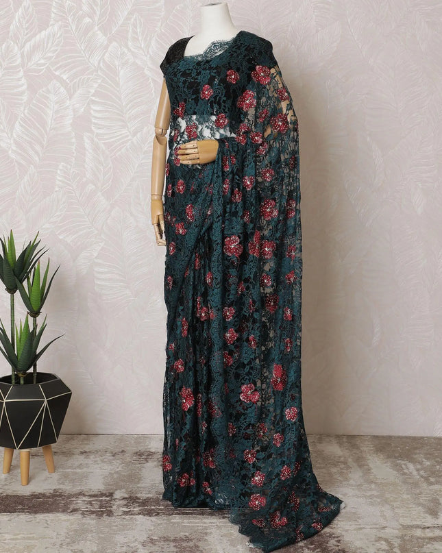 Petrol blue, black Premium pure French two tone chantilly lace saree with crimson red, gold embroidery having stone work in floral design-D15543 Regal Fabrics