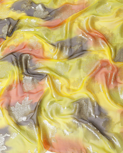 قماش شيفون حريري فرنسي (فرنساوي) فاخر متعدد الألوان مع لوركس معدني ذهبي بتصميم زهور-D14003