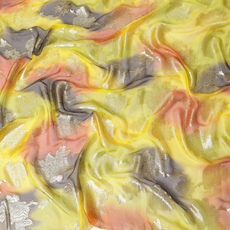قماش شيفون حريري فرنسي (فرنساوي) فاخر متعدد الألوان مع لوركس معدني ذهبي بتصميم زهور-D14003