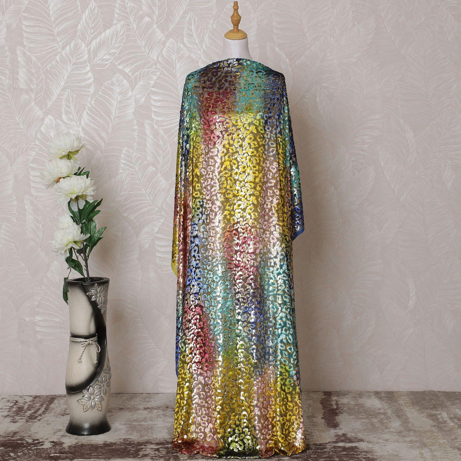 قماش مخمل ديراك ممزوج من الحرير الخالص متعدد الألوان مع لوريكس معدني ذهبي بتصميم تجريدي-D14857