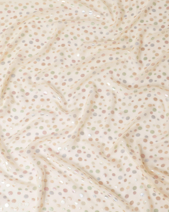 Beige Premium pure silk chiffon fabric with multicolor metallic lurex in dot design-D15335