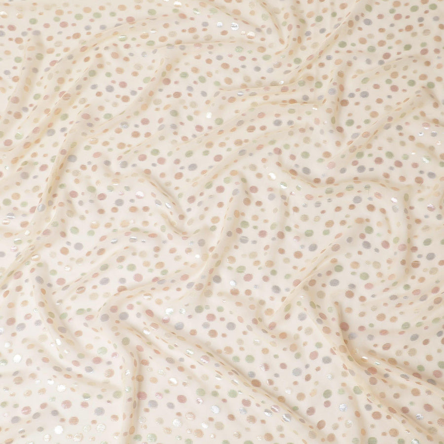 Beige Premium pure silk chiffon fabric with multicolor metallic lurex in dot design-D15335