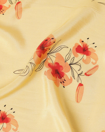 Honey yellow Premium pure silk crepe fabric with peach, orange and black print in floral design-D13852