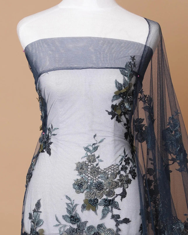 Petrol blue Premium wedding nylon tulle fabric with same tone, olive green, blue embroidery, pearls, beads, olive green floral petals in floral design-D7923 Regal Fabrics