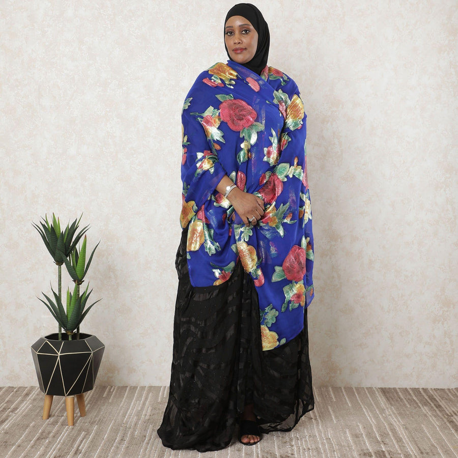 Royal blue Premium pure silk chiffon garbasaar with multicolor metallic lurex in floral design-D11591