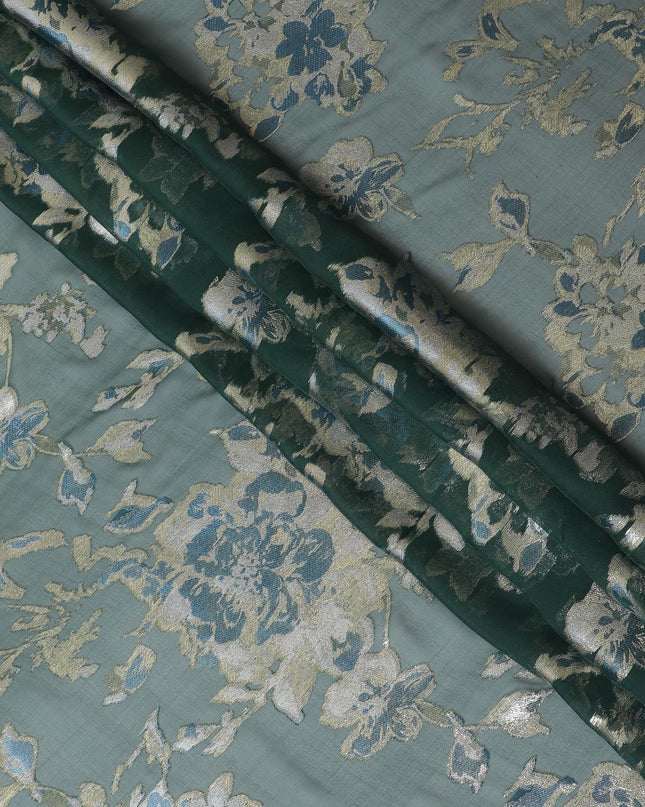 قماش شيفون من الحرير الخالص الفاخر باللون الأخضر مع الفيسكوز الأزرق الفاتح والوركس المعدني الذهبي بتصميم الأزهار-D12518